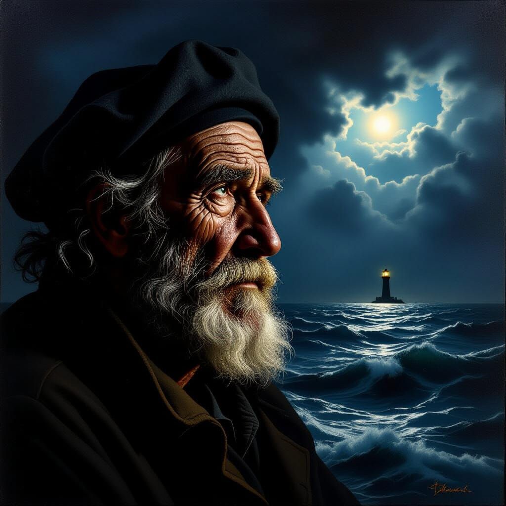 Old Sailor Gazes at Stormy Sea in Dramatic Light