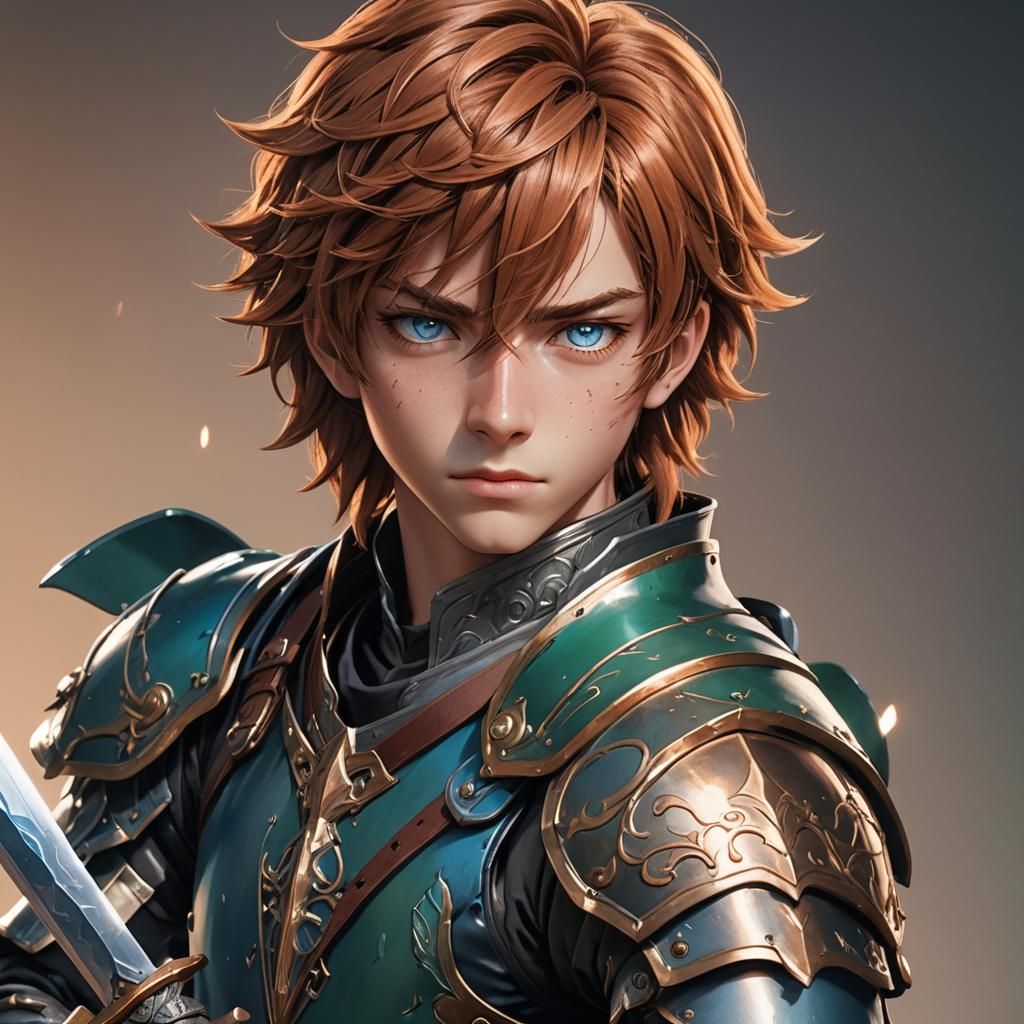 Copper-Haired Teenage Warrior in Anime Style