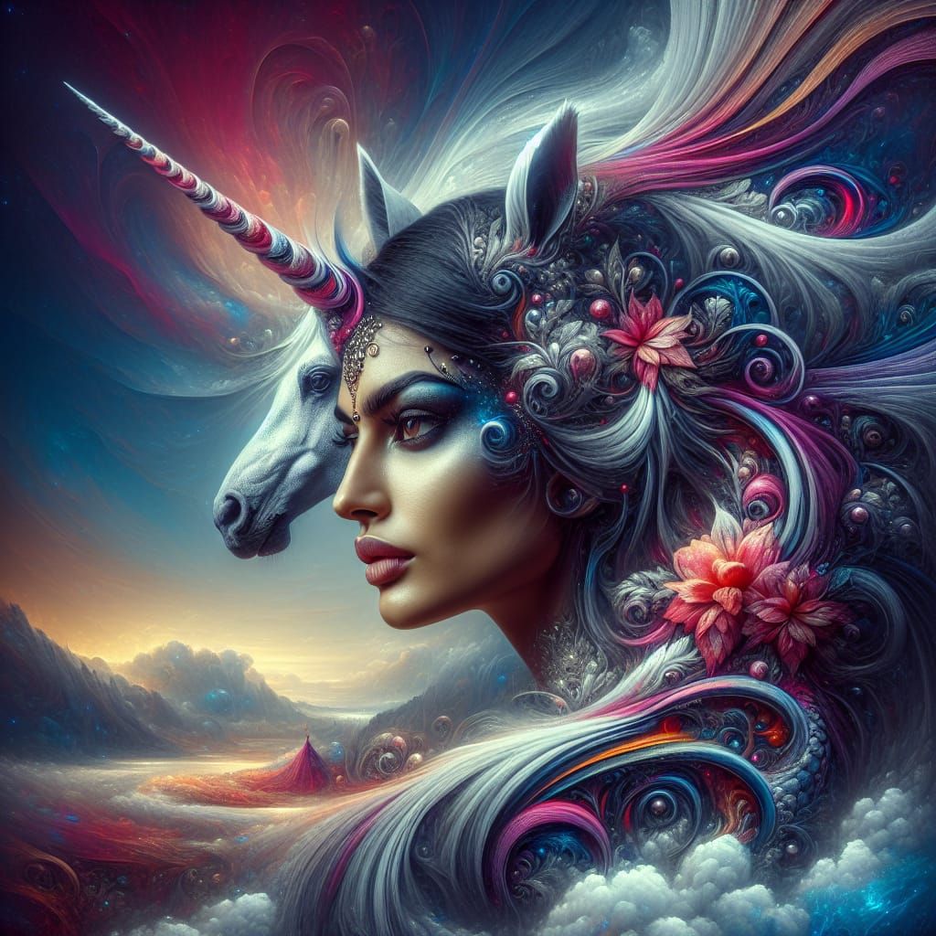 Surreal Woman with Unicorn Horn in Fantasy Landscape