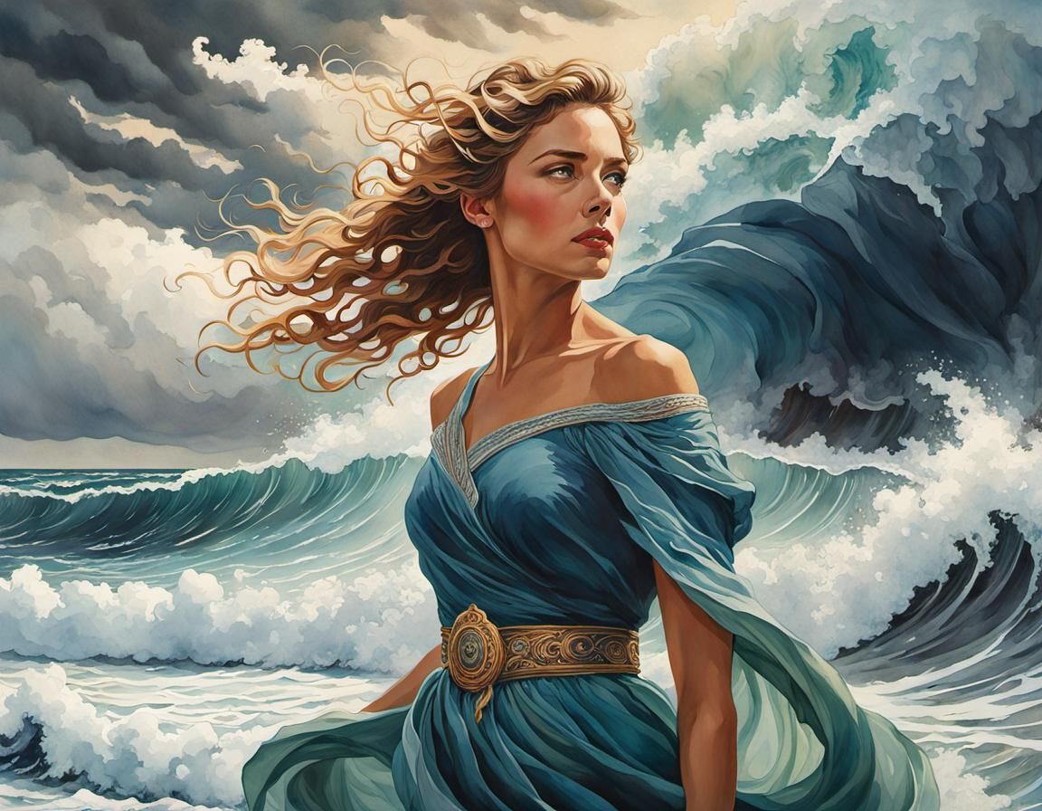 Woman Watching Ocean Waves Watercolor Painting