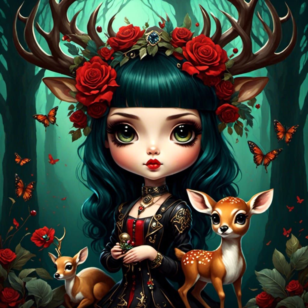 Chibi Girl with Pet Deer in Cute Style