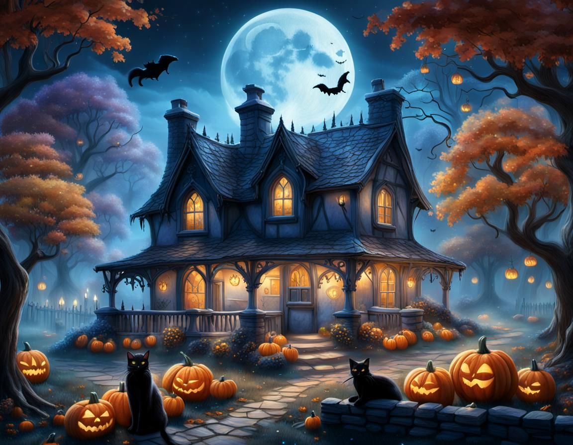 Mystical Gothic Cottage Halloween Scene in Magical Realism