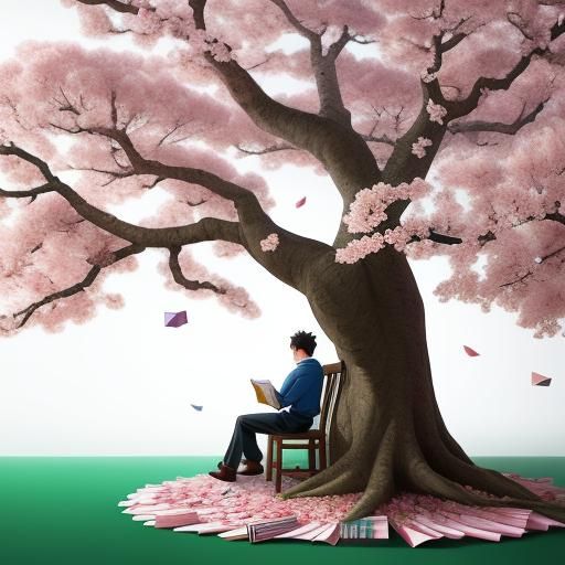 Boy Reading Under Cherry Blossom Tree in Origami Style