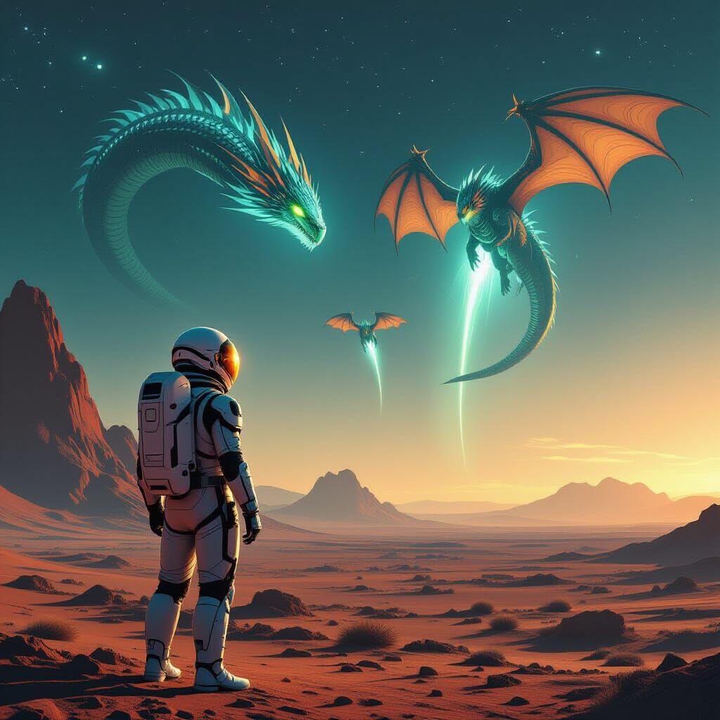 Astronaut and Bioluminescent Dragons on Alien Planet