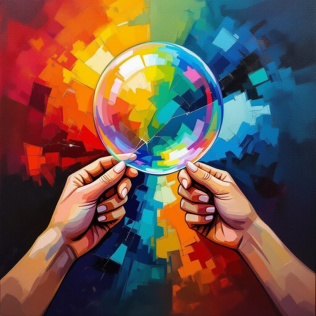 Expressionist-style painting symbolizing betrayal: two hands...