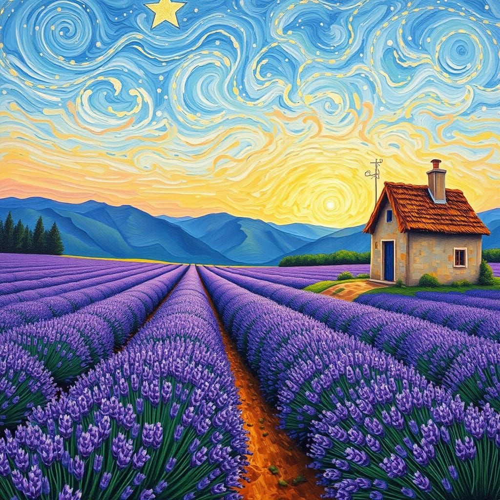 Lavender Field Under Starry Night, Impasto Painting