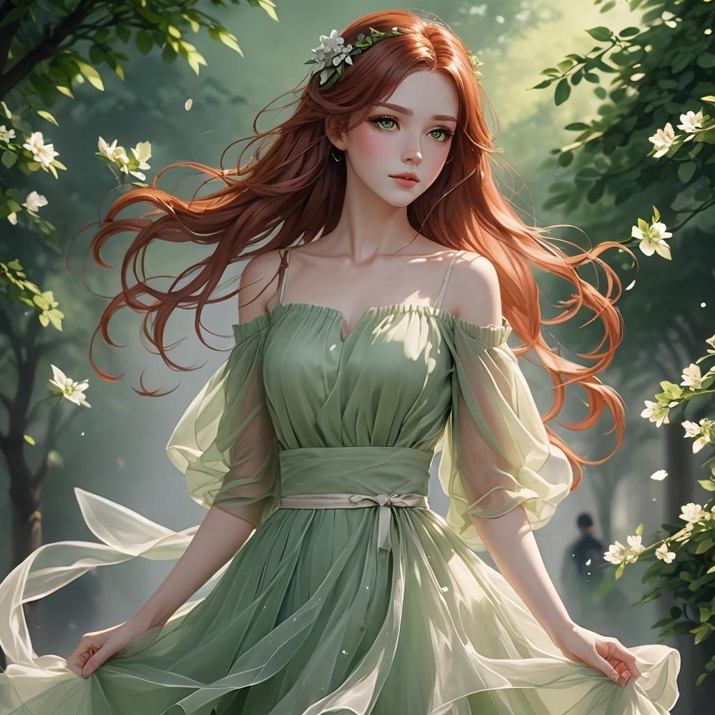 Auburn-Haired Woman with Green Eyes, Anime Style