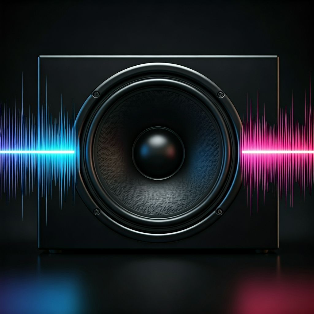 Futuristic Subwoofer Emitting Visible Bass Waves with Neon L...