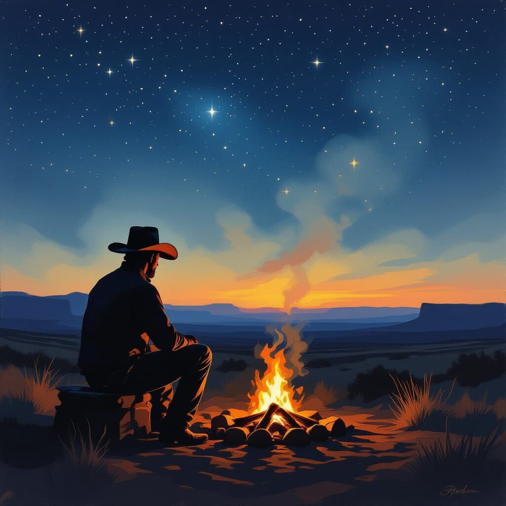 Cowboy by Campfire Under Starry Desert Sky