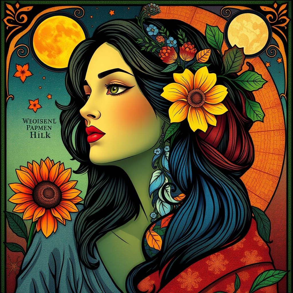 Woman in Vibrant Art Nouveau Style Depicting 4 Seasons