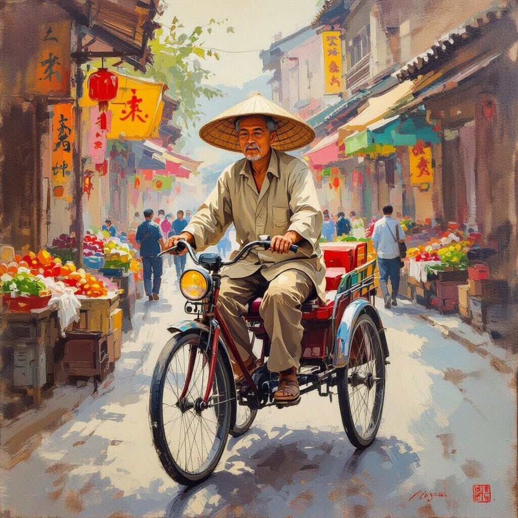 Chinese Trishaw Driver in Oil Painting Style