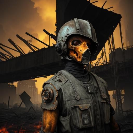 Post-Apocalyptic Metal Figure in Industrial Landscape