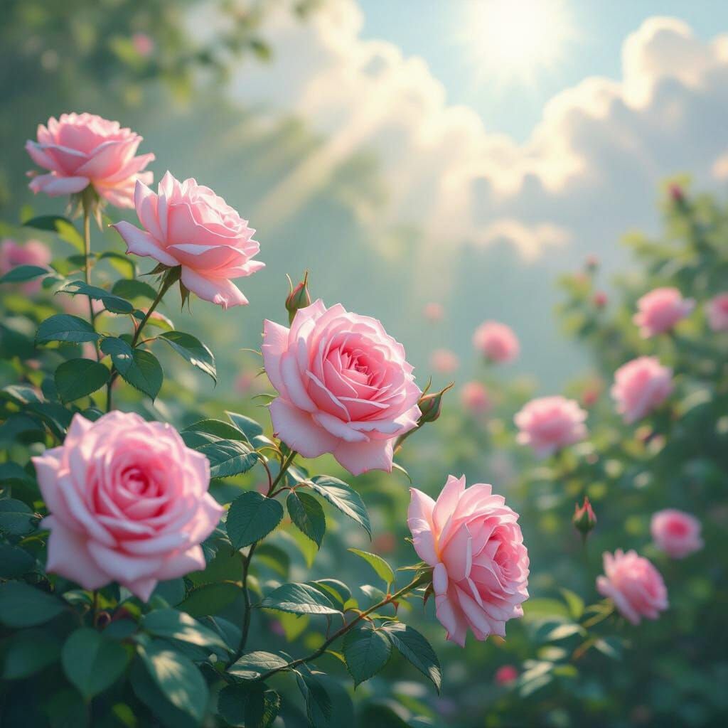 Pink Roses Bloom in Dreamy Garden Setting