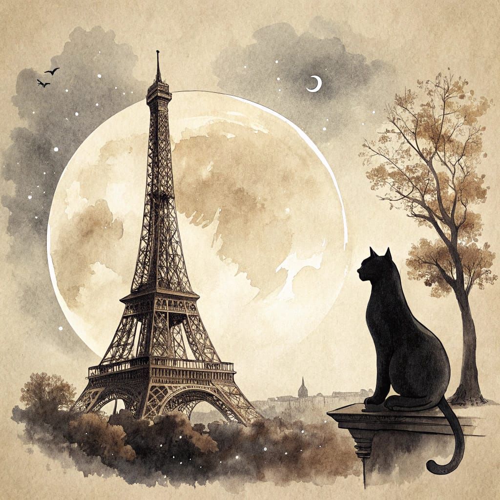 Vintage Moonlit Eiffel Tower Scene with Majestic Cat