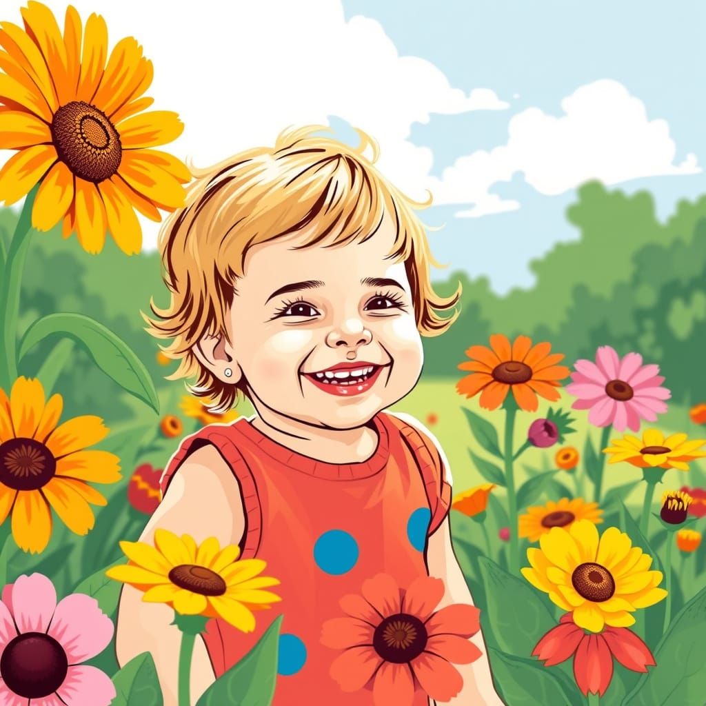 Smiling Child Playing in a Sunny Flower Garden