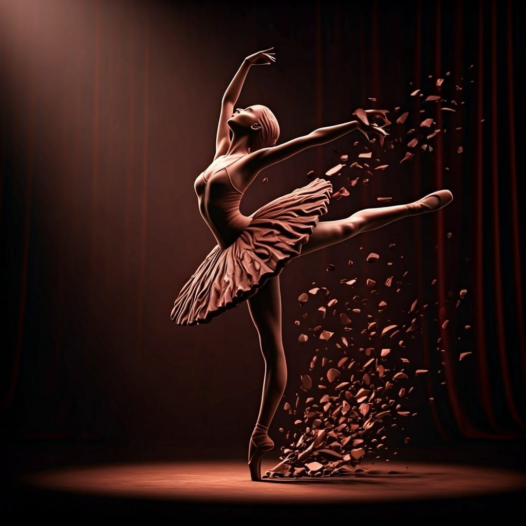 A surreal ballerina sculpted from dark chocolate mid-pirouet...