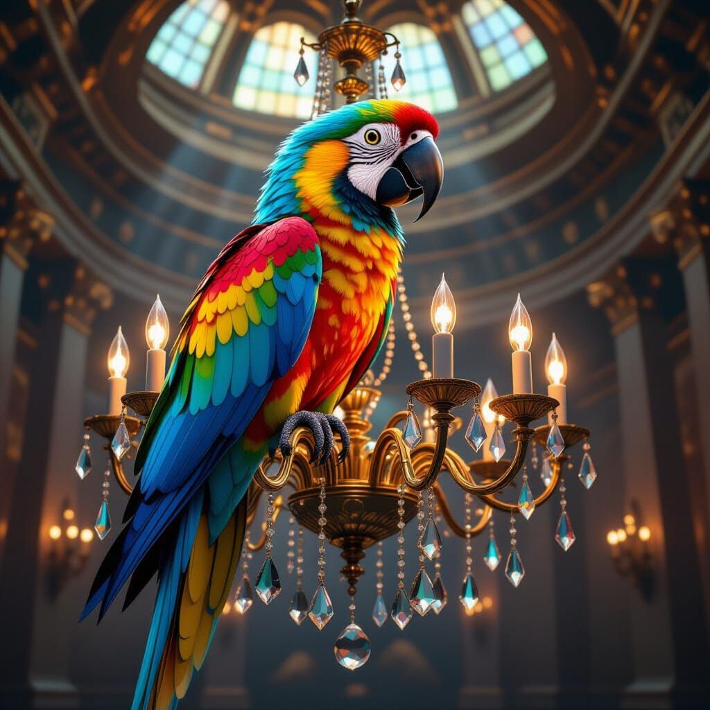 Jewel-Toned Parrot on Ornate Chandelier in Opulent Ballroom