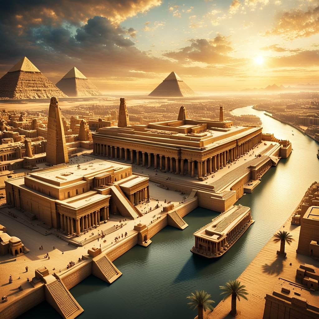 An ancient Egyptian city with grand temples and a river flow...