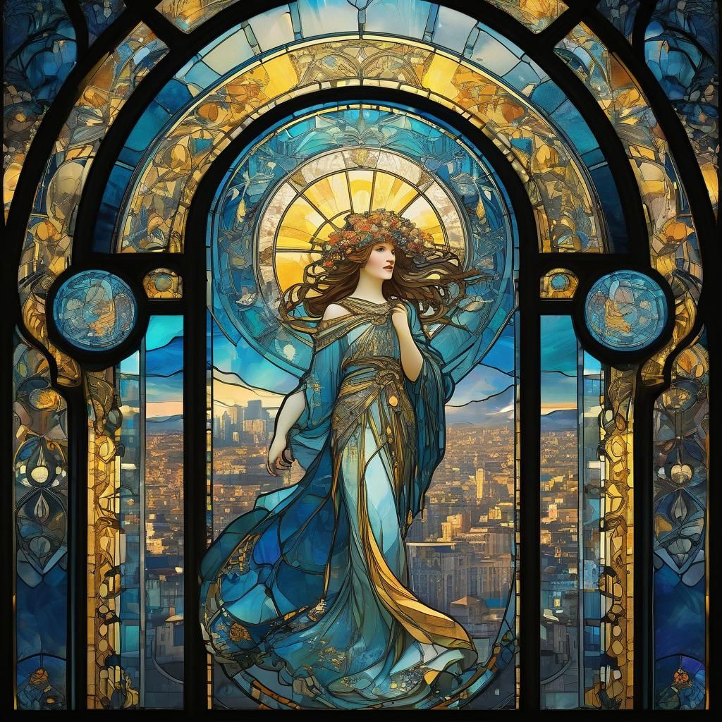 Art Deco Stained Glass Window in Alphonse Mucha Style
