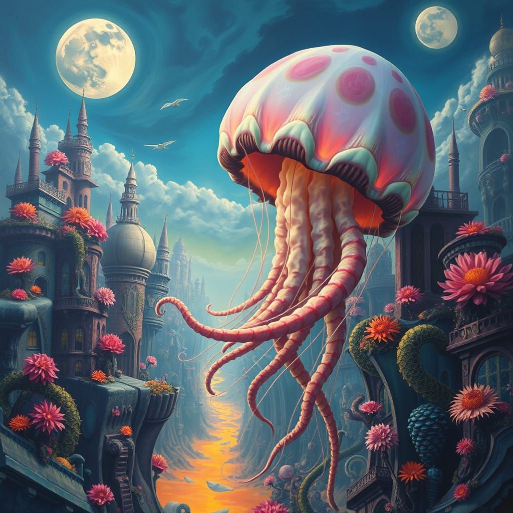 Surreal Jellyfish Drifting Through Alien Cityscape