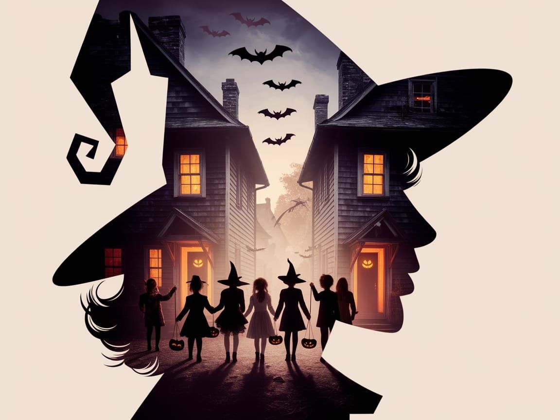 Enchanting Witch's Silhouette with Whimsical Halloween Scene