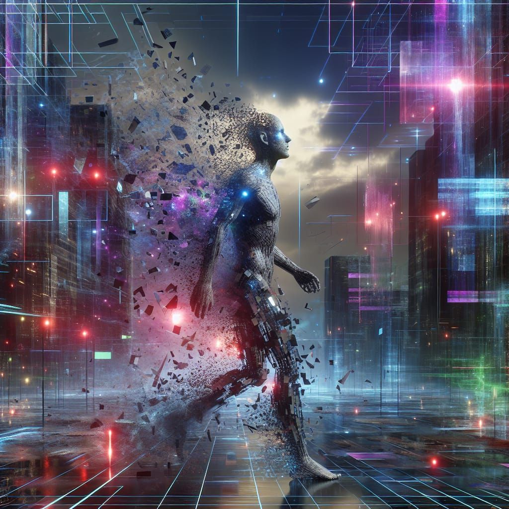 Figure Dissolving in a Glitch-Punk Cyberscape