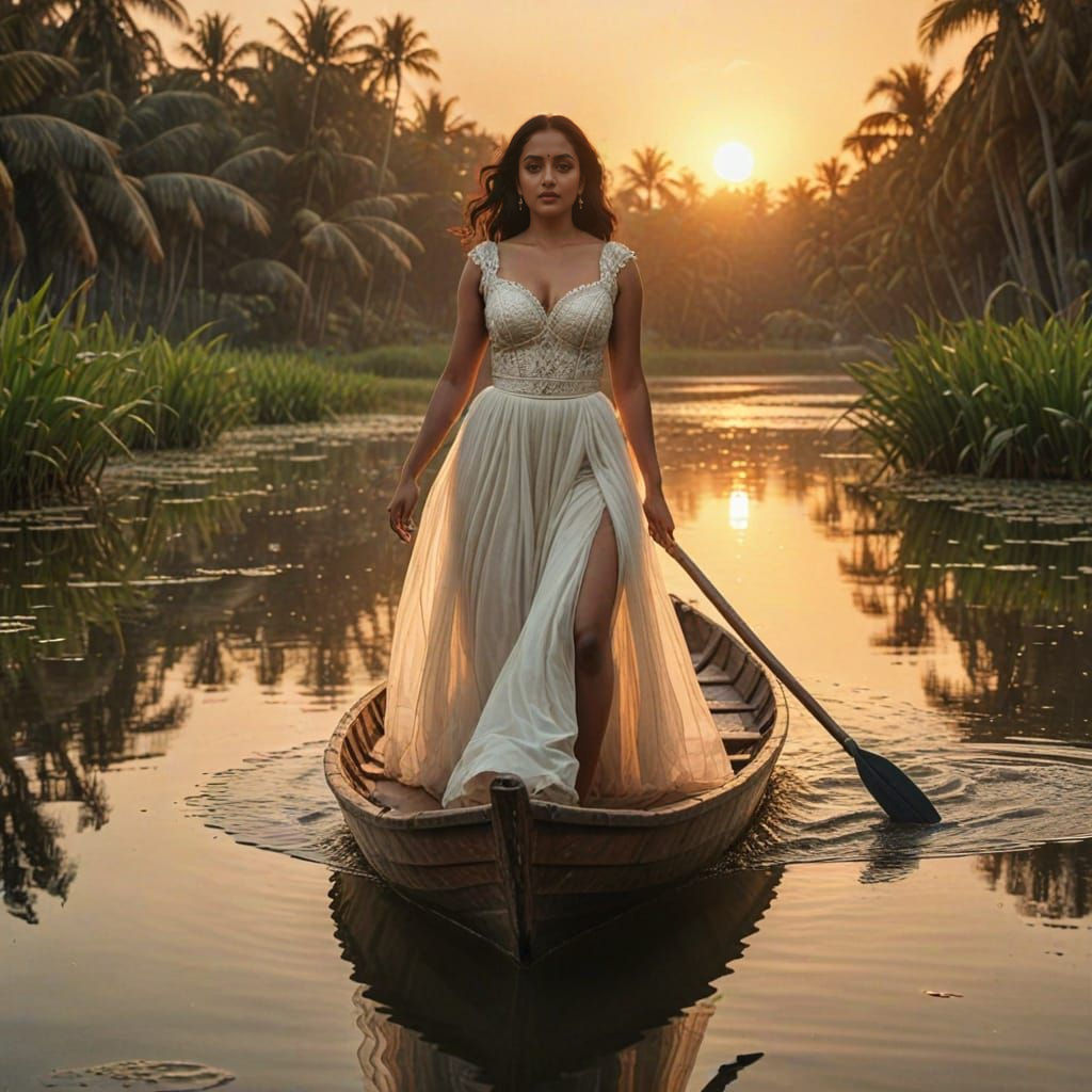 Epic Sunset Scene of Woman Rowing Boat in Pond