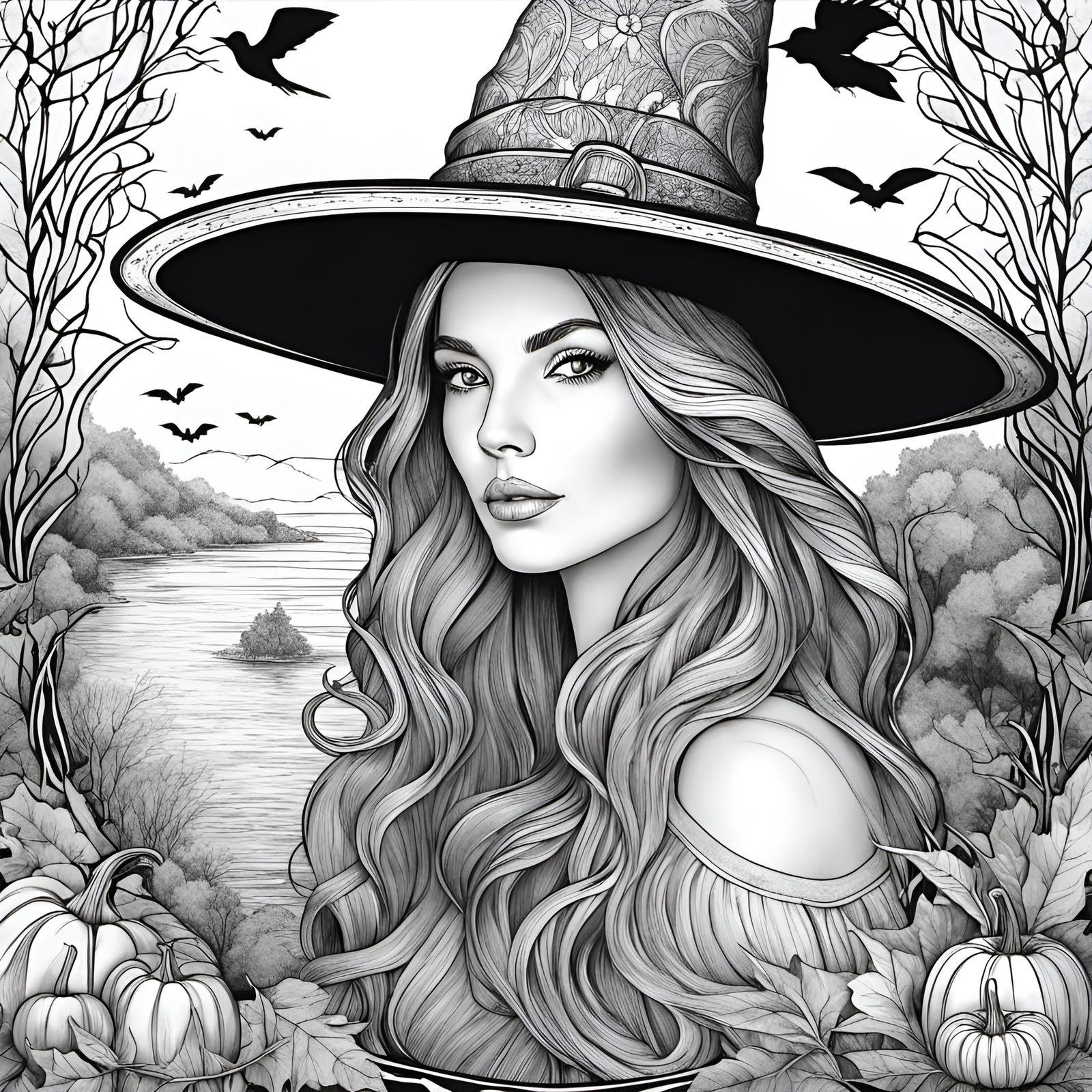 Girl in Witch Hat Coloring Page in Detailed Realism