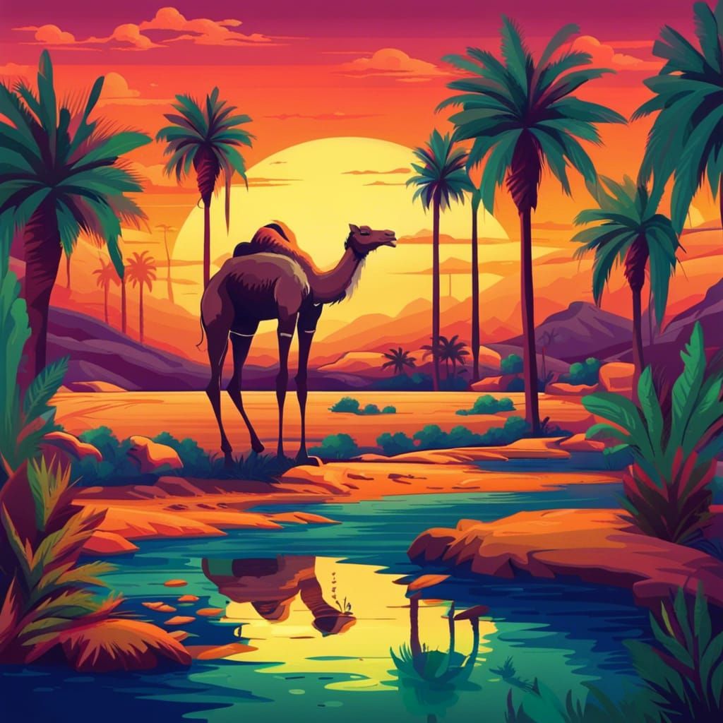 Desert Oasis with Camel in 8-bit Art Style