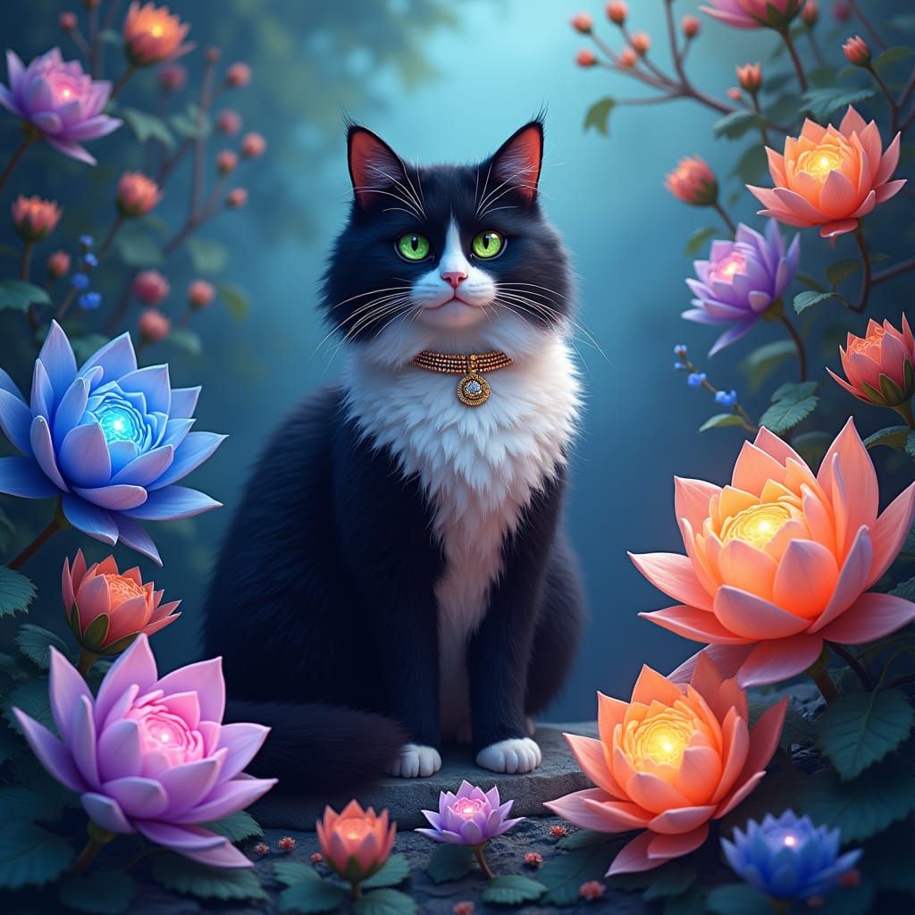 Tuxedo Cat in a Magical Glowing Garden
