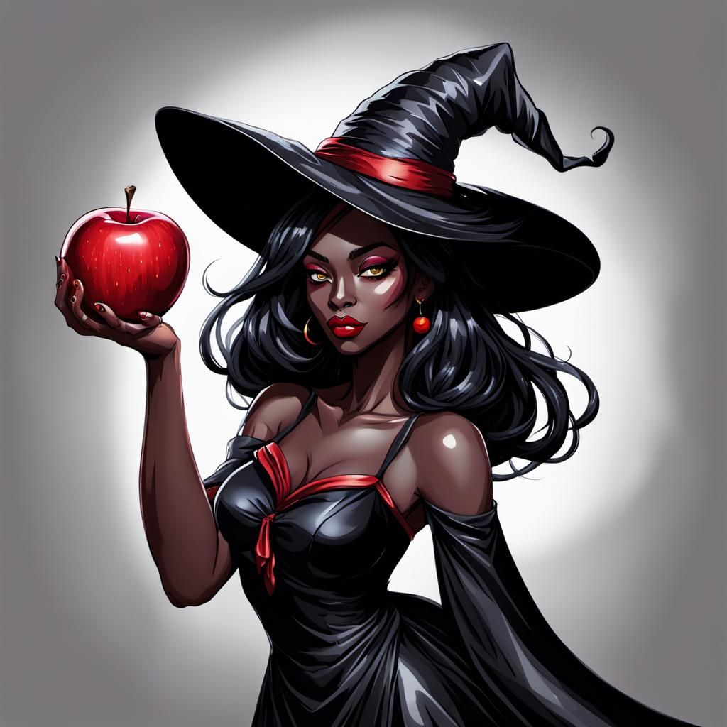 Seductive Ebony Witch Offering a Shiny Apple