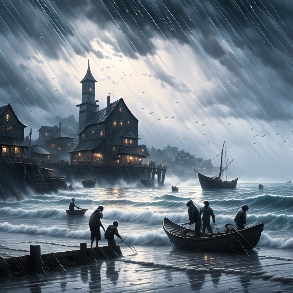 Stormy Seaside Village Under the Lantern Light