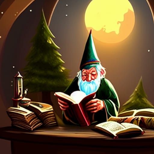 Gnome Wizard Reading in Elven Home