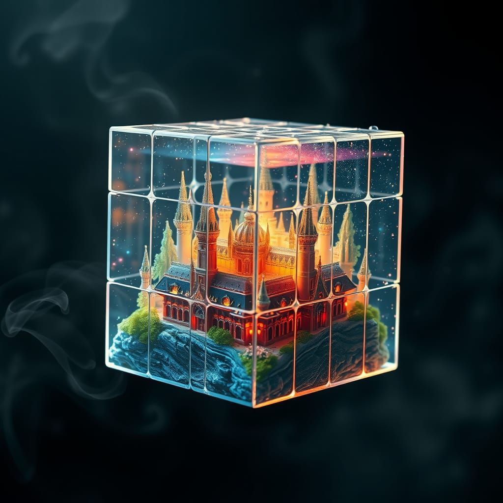 Hyper-Realistic Glass Rubik's Cube with Cosmic Cityscapes