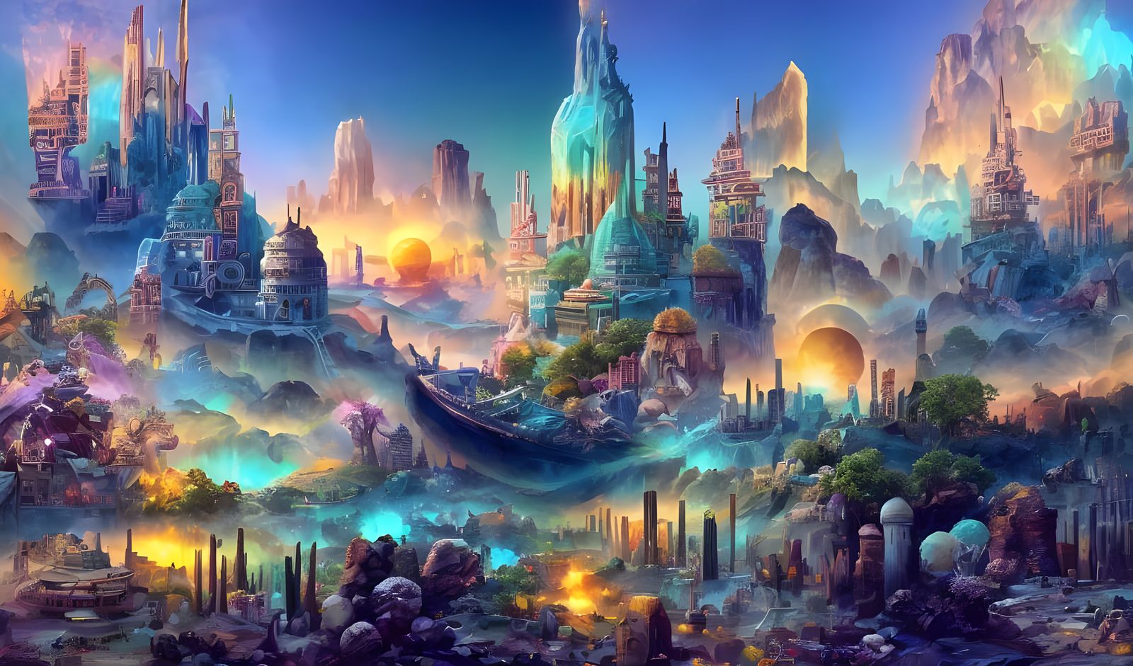 Dieselpunk Oasis City in Surreal Desert Landscape
