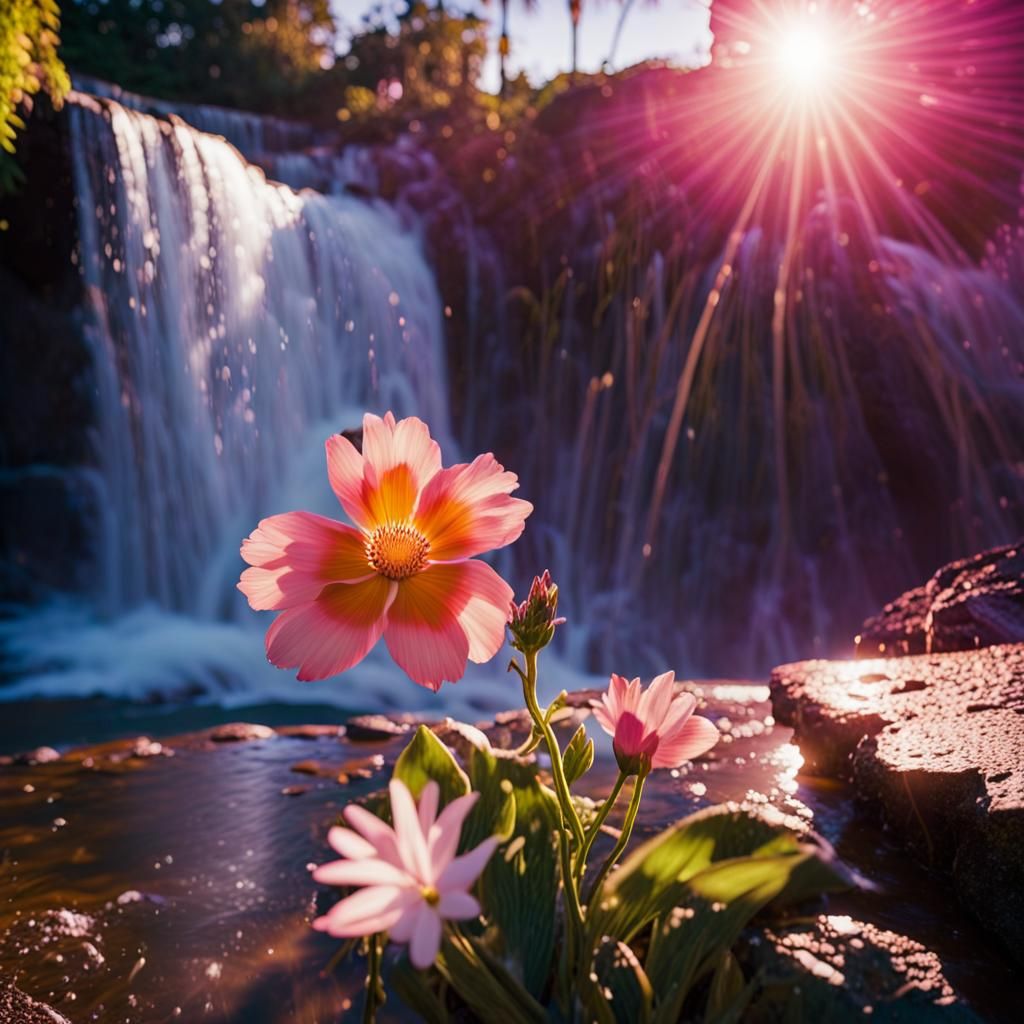 Flower Blooms Under Waterfall: Cinematic Photograph