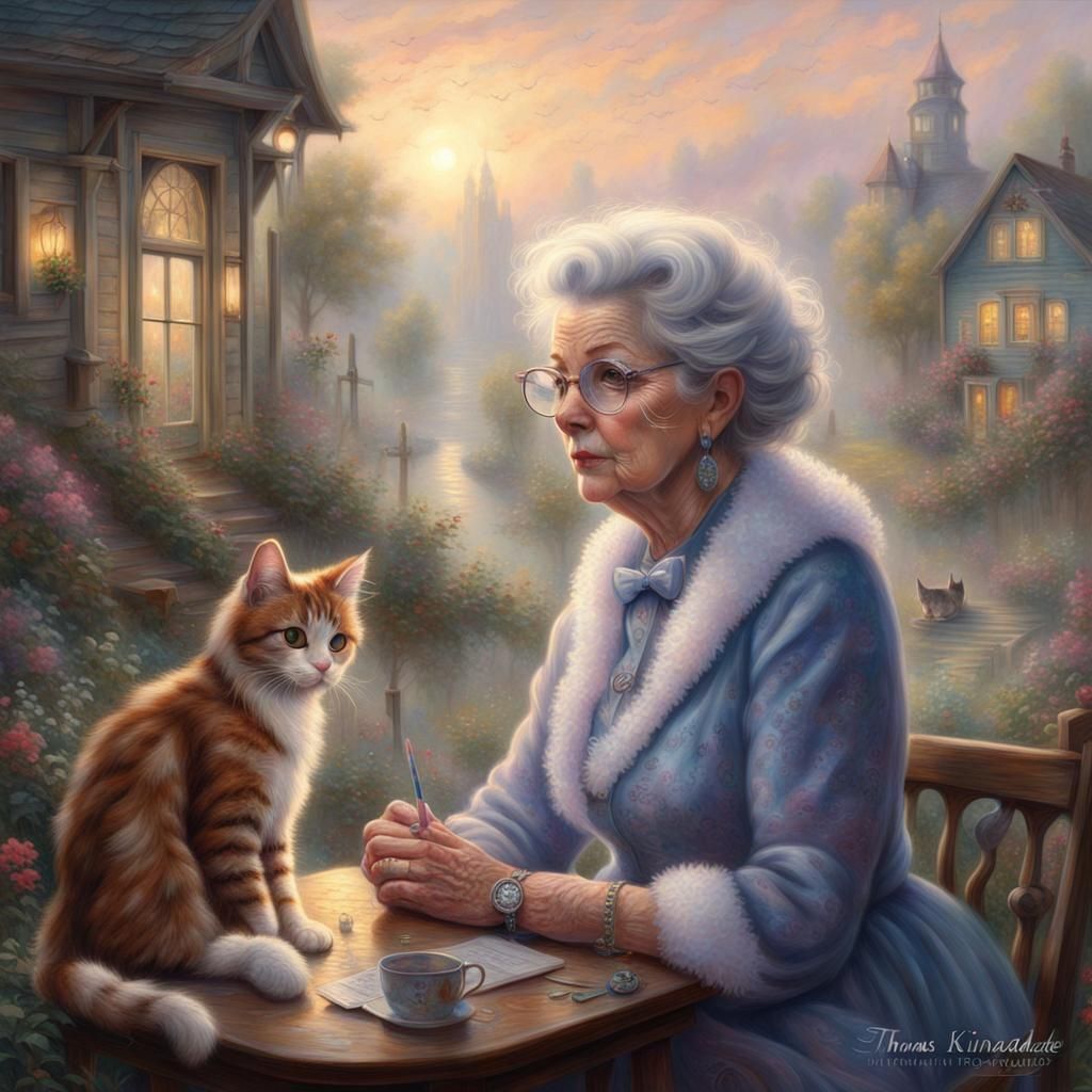 Old Woman and Cats in Ethereal Fantasy Style