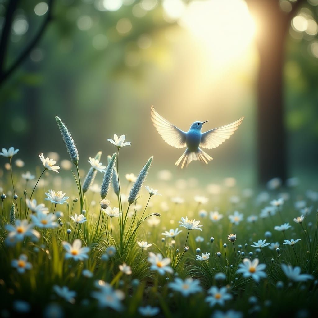 Blue Bird in Sunlit Forest, Detailed Art