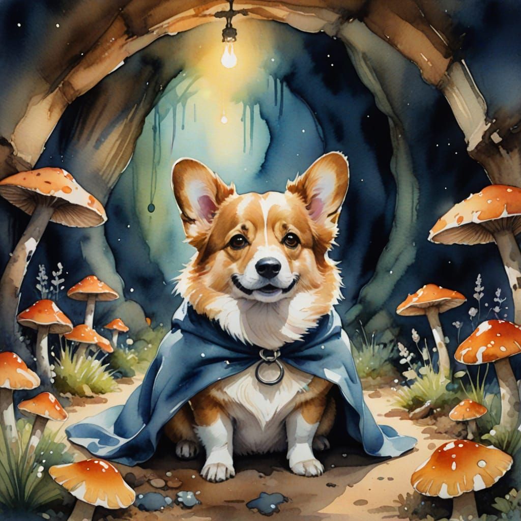 Adorable Corgi in Cape Sits in Mushroom Lair