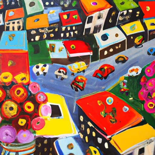 Vibrant Cityscape in Detailed Gouache Painting