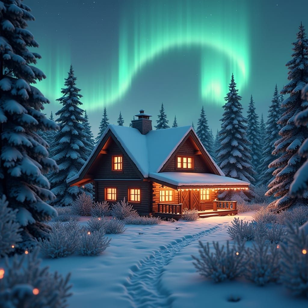 Enchanted Winter Cottage Under Aurora Borealis