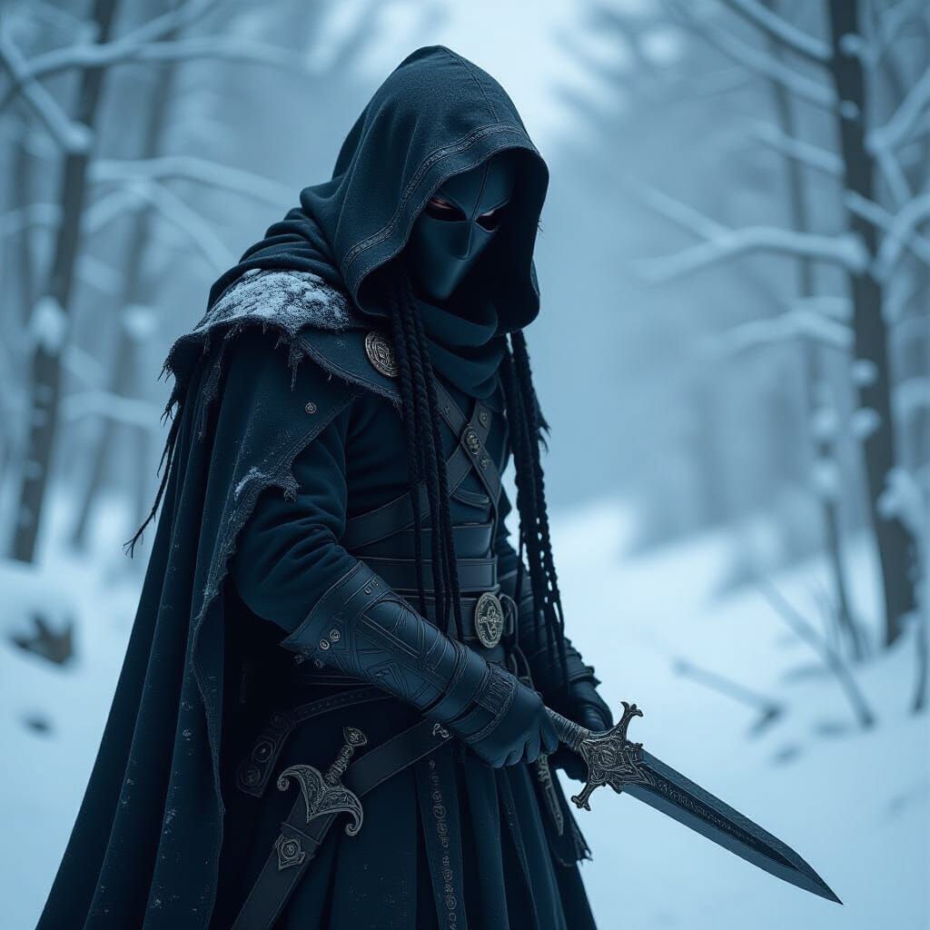 Masked Assassin in Snowy Forest, Dark Fantasy