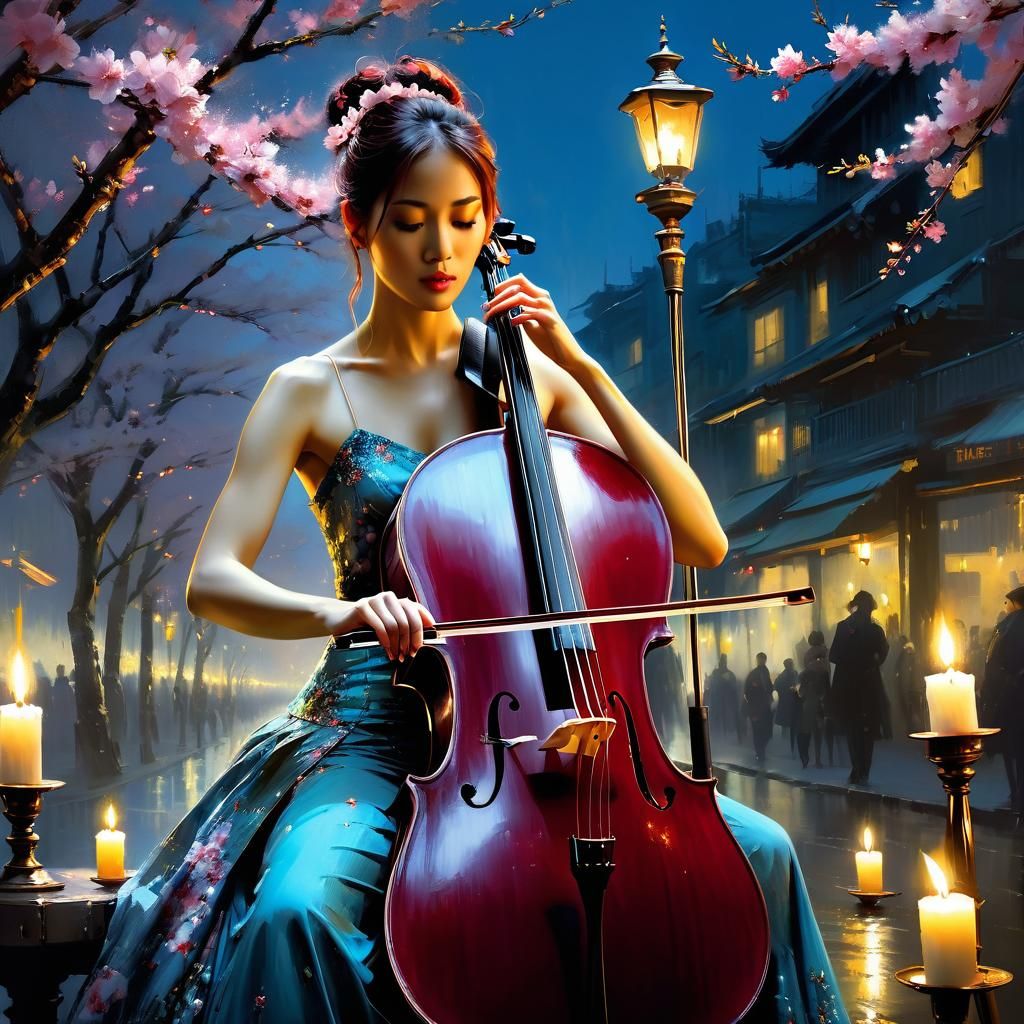 Woman Plays Cello by Candlelight: Matte Painting