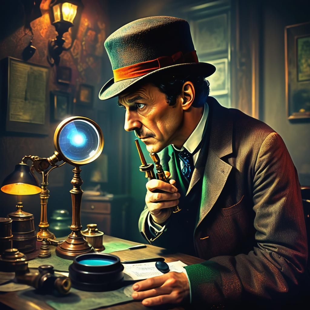 Sherlock Holmes examines clues