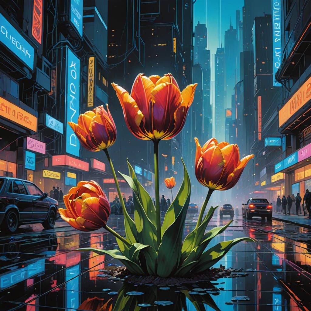 Luminous Tulip Buds in Neon Paisley Pattern