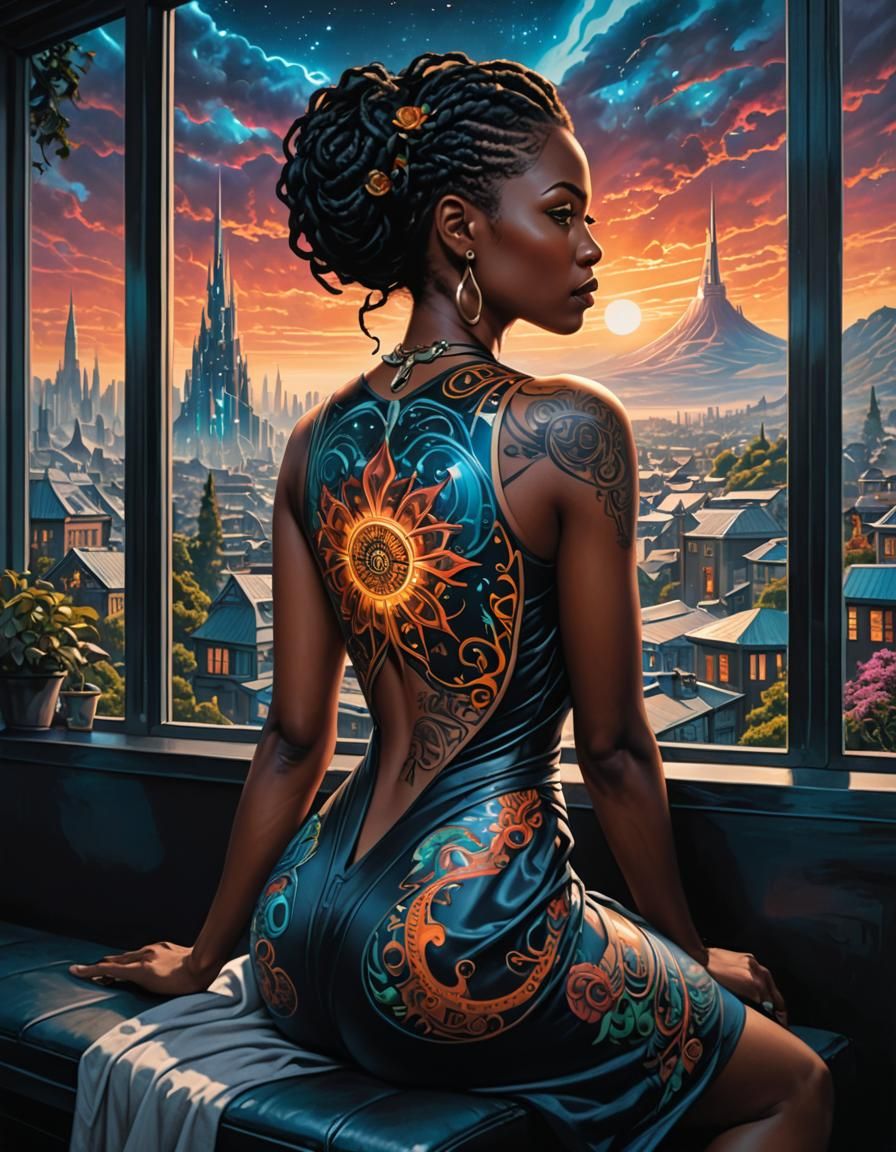Woman with Tattoo Gazing at Sci-Fi Cityscape