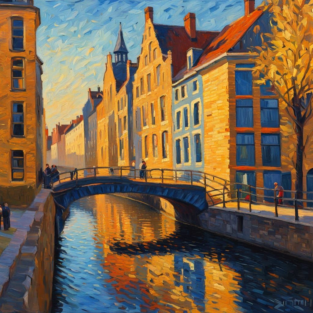 Gent Belgium Canal in Expressionist Oil Painting Style