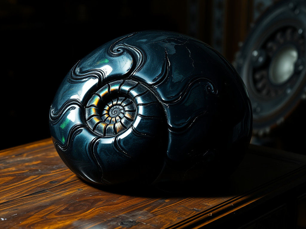 Obsidian Ammonite Fossil with Iridescent Reflexes