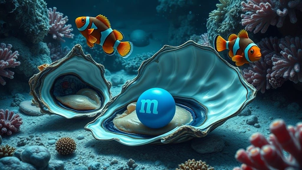 Oysters with M&M Pearl in Stylized Realism