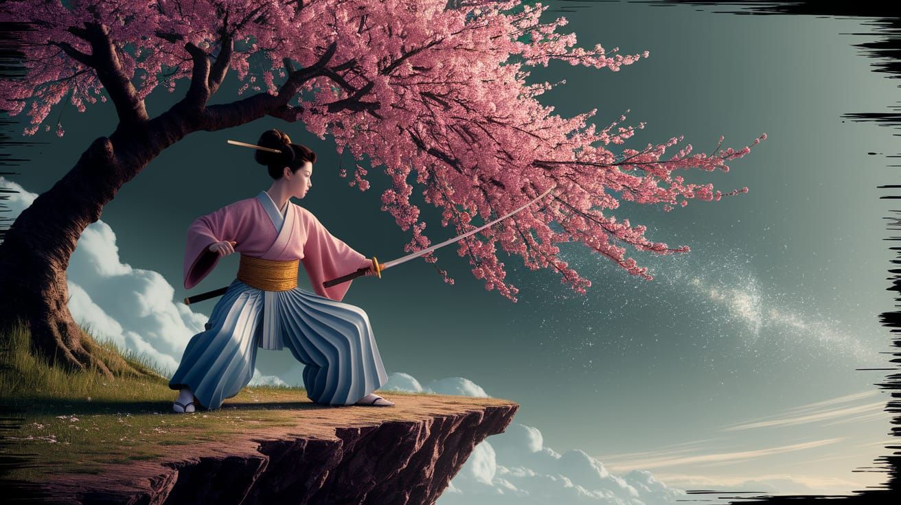 Geisha Practicing Martial Arts with Katana on Cliff